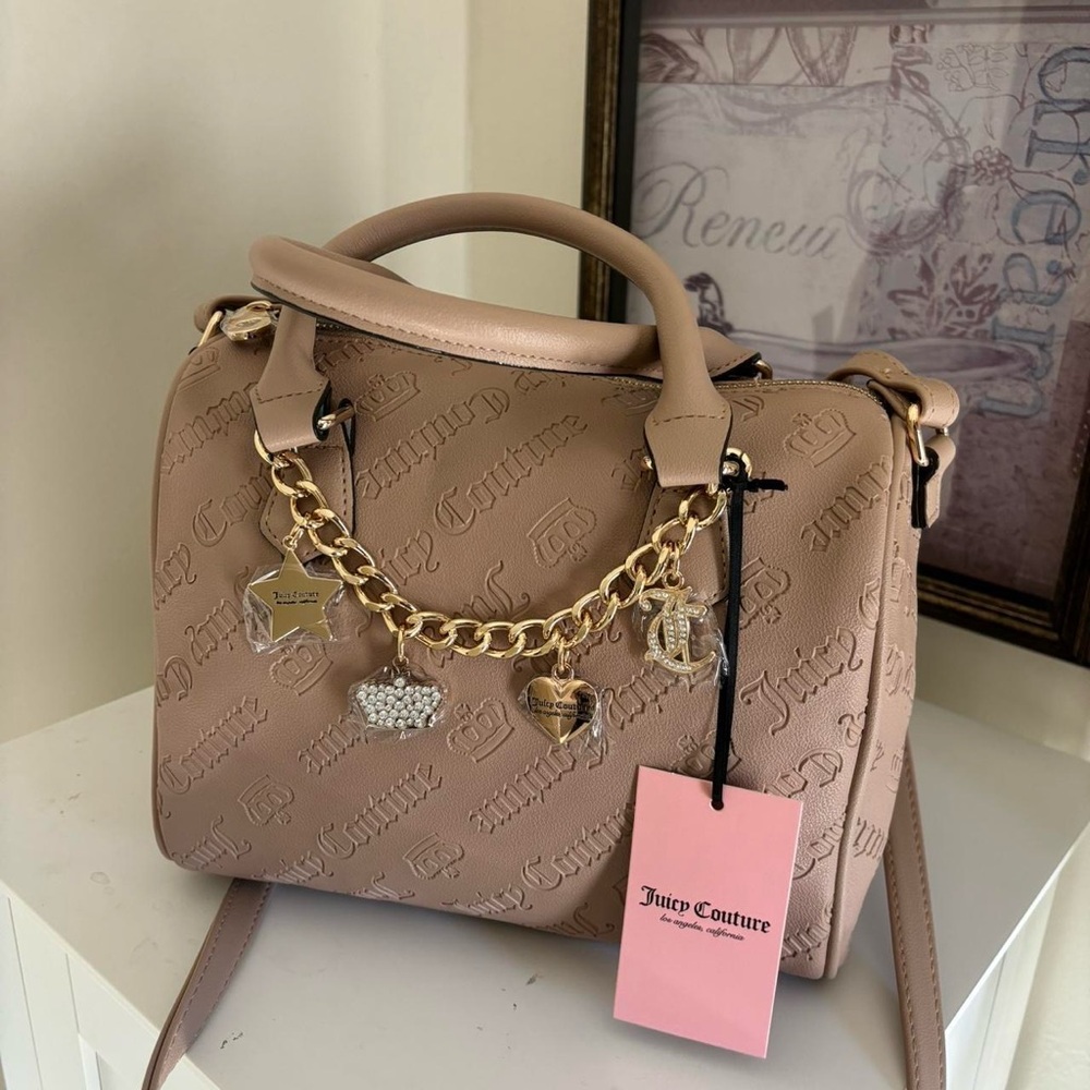 Juicy Couture Beige / Tan Embossed Satchel Bag with Gold Hardware